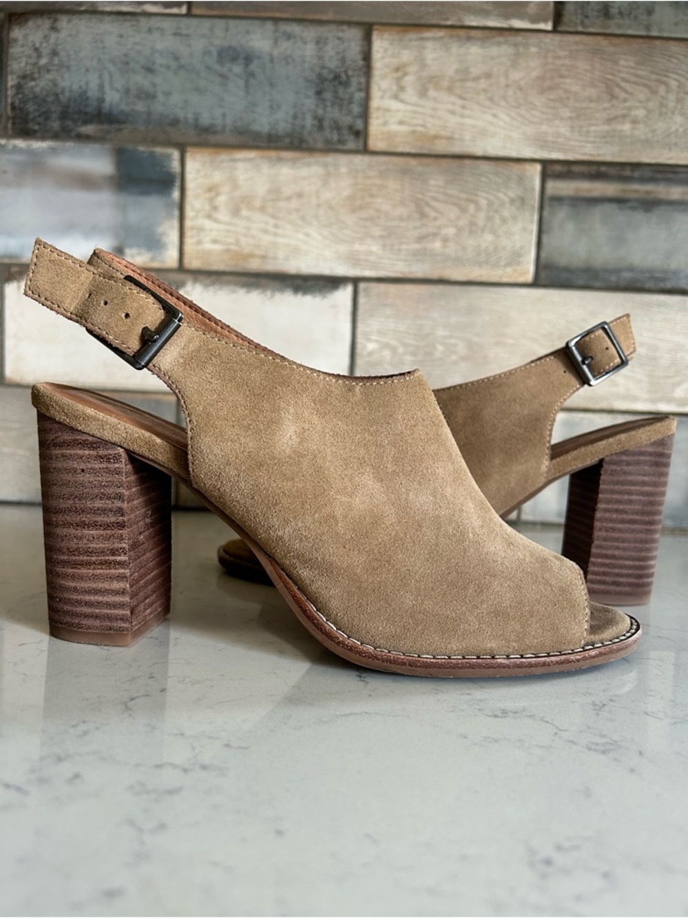 Madewell The Cary Sueded Peep Toe Heeled Sandal Mule Ankle Bootie in Faded Birch - Picture 2 of 16